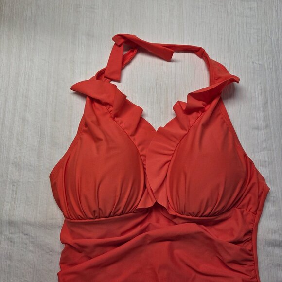 Ellen Tracy 14 Coral Orange Ruffled V Neck Halter Tie One Piece Bathing Suit - Picture 1 of 8